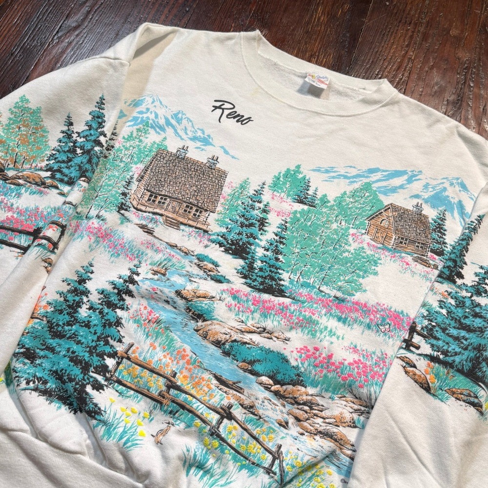Vintage 1989 Reno Nevada Sweatshirt Mens 2XL AOP Cabin Nature All Over Print
